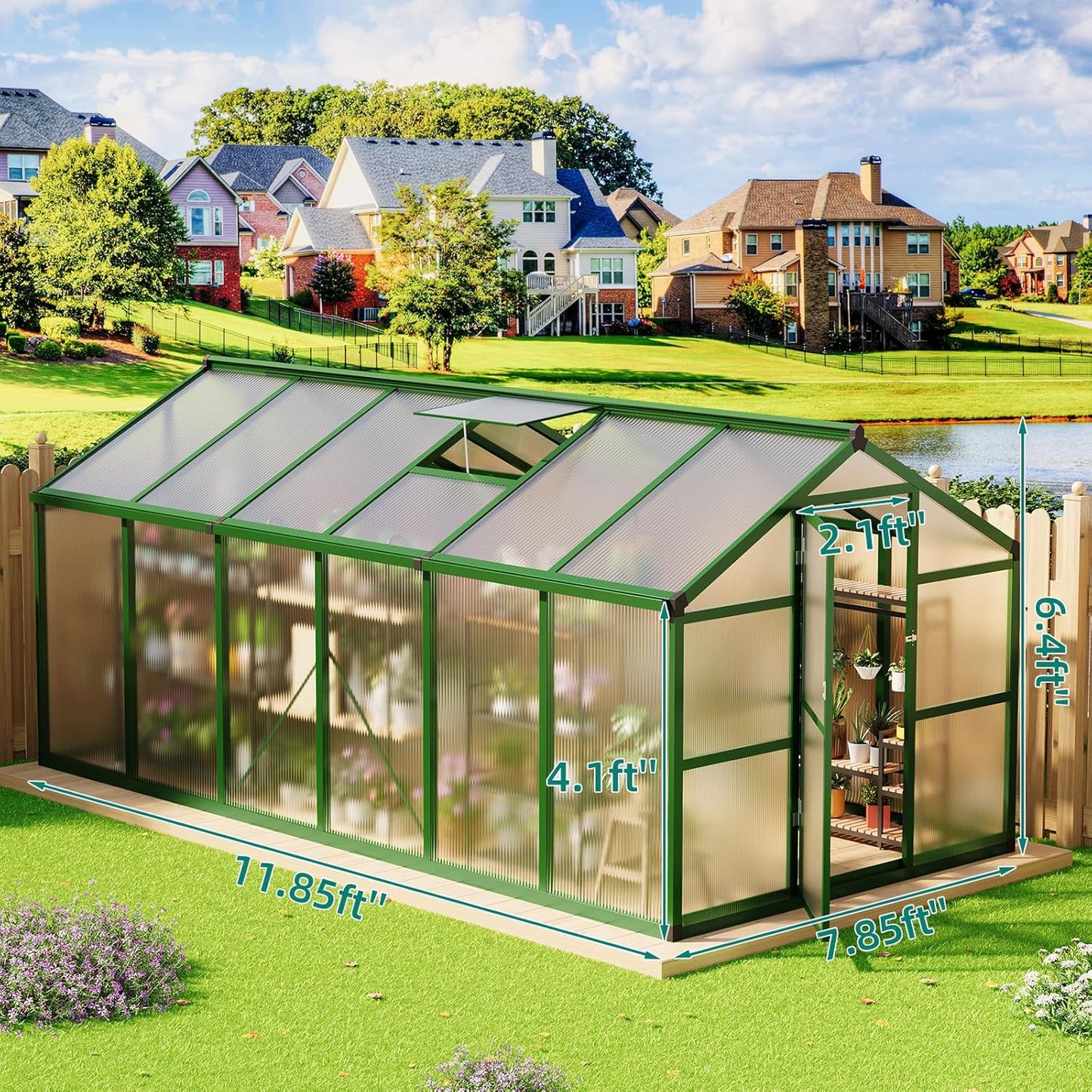 8x12 FT Greenhouse for Outdoors, Large Aluminum Greenhouses with Roof Vent and Quick Setup Structure, Greenhouse Heavy Duty with PC Panels, Walk-in Green Houses for Winter Garden,Backyard,Patio,Lawn