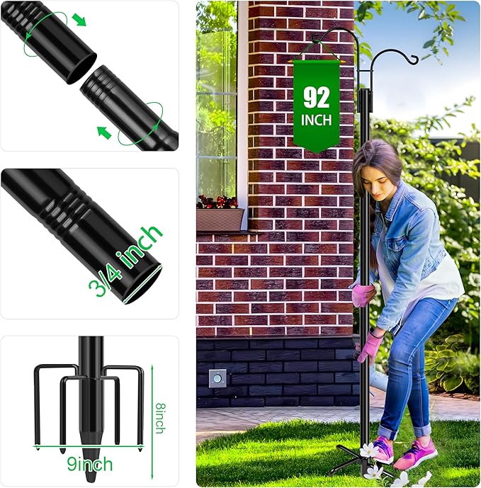 XDW-GIFTS Double Shepherds Hooks for Outdoor, 2-Pack Heavy Duty Garden Pole for Hanging Bird Feeder, Plant Baskets, Solar Light Lanterns, Garden Plant Hanger Stands with 5 Base Prongs