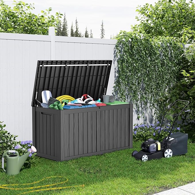 150 Gallon Deck Box,Resin Outdoor Storage Box with Lockable for Patio Furniture, Pool Accessories, Garden Tools Waterproof Outside Storage Box, Black
