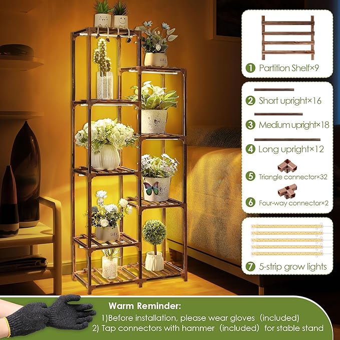 Plant Stand with Grow Lights Indoor, 9 Tiers Shape Plant Shelf with Light Full Spectrum Led Grow Light, Timer Function and Brightness Adjustment, Wood Plant Stand Indoor for Corner Living Room