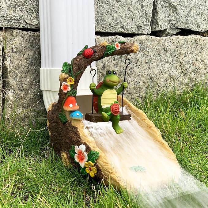 Tortoise On The Swing Gutter Downspout Extension Decoration,Rain Downspout Diverter Garden Statue,Decorative Gutter Extension,Downspout Splash Block,Animal Resin Statue Outdoor Décor