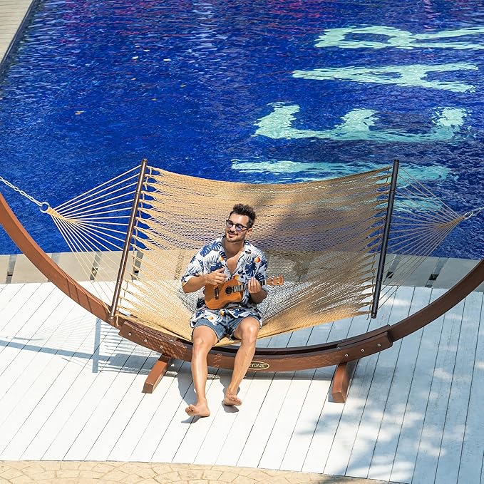 Lazy Daze Hammocks 10.5 FT Double 2 Person Caribbean Rope Hammock, Hand Woven Polyester Hammock with Spreader Bars, for Outside Outdoor Backyard Patio Poolside,450 LBS Capacity, Tan