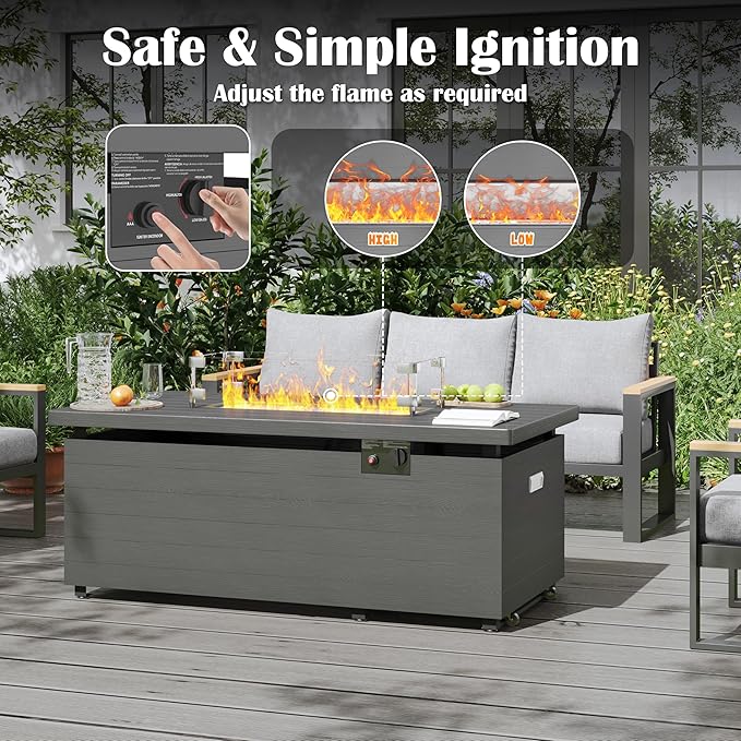 Sundale Outdoor 51 Inch Outdoor Fire Pit Table, 50,000 BTU Rectangle Propane Fire Pit with Glass Wind Guard, Rain Cover, Removable Lid, Matching with Outdoor Furniture Sets, CSA Certified, Gray