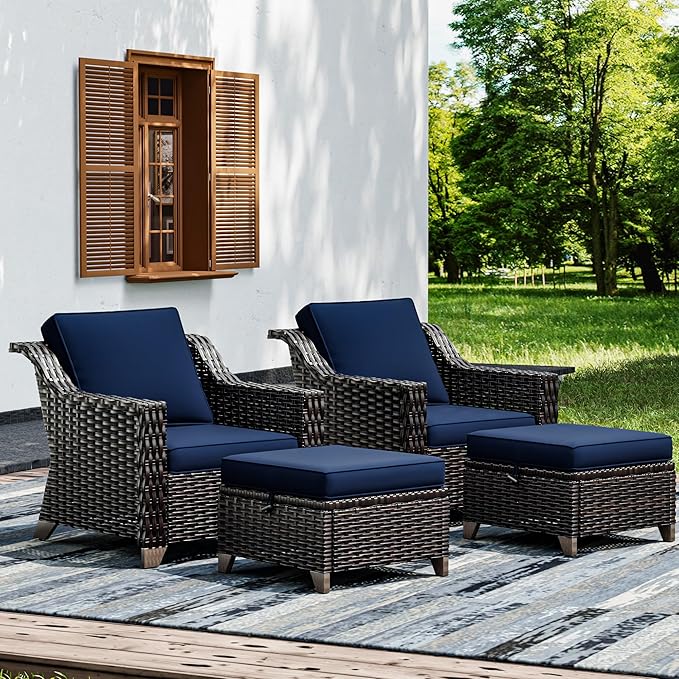Joyside Wicker Patio Furniture Sets, 4 Pieces Upgraded Large Size Outdoor Furniture with Patio Dining Chairs and Outdoor Ottoman, Thick Cushions, Wide Armrest