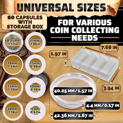 60 Pcs Silver Dollar Holder Case - Universal Sizes (30/33/38/40mm) with Foam Gaskets and Moisture Protection - Transparent Plastic Capsules with Organizer Box for Collectors