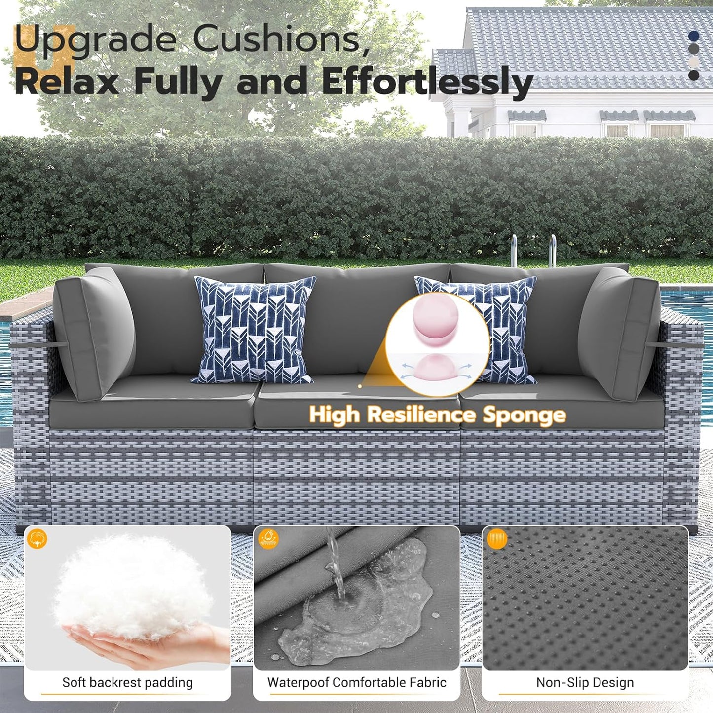 UDPATIO Patio Furniture Set, 7 Piece Outdoor Sectional Modular Sofa with 4'' Thickened Cushions, Wicker Outdoor Furniture Conversation Sets with Waterproof Cover for Backyard Deck(Grey/Dark Grey)