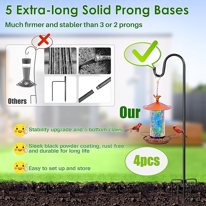 XDW-GIFTS Bird Feeder Pole for Outdoor, 4-Pack 45 Inch Shepherds Hooks Heavy Duty Garden Pole for Hanging Plant Basket, Solar Light Lanterns, Garden Plant Hanger Stands with 5 Base Prongs