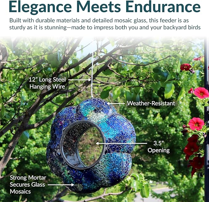 Sunnydaze 10-Inch Glass Mosaic Hanging Bird Feeder for Outdoors - Fly-Through Wild Bird Feeder - Indigo Flower Mosaic