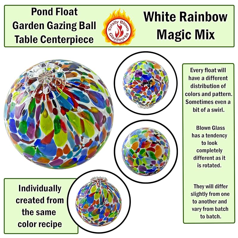 Pond Float. Handmade Blown Glass, Garden Gazing Ball, Table Centerpiece, Assorted sizes available. Home and Patio Decor. Artist Dehanna Jones. Seattle, WA. (White Rainbow MM)