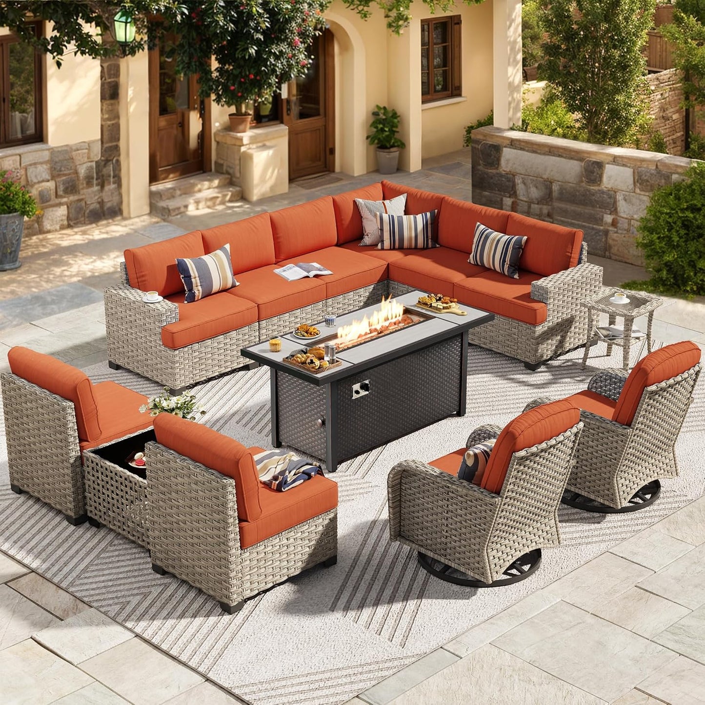 HOOOWOOO Outdoor Sectional Patio Furniture Set with Fire Pit Table,13 Pieces Wicker Conversation Sets L Shaped Couch,Extra Deep Out Door Sofa Outside Furniture with Swivel Chairs,Brick Red