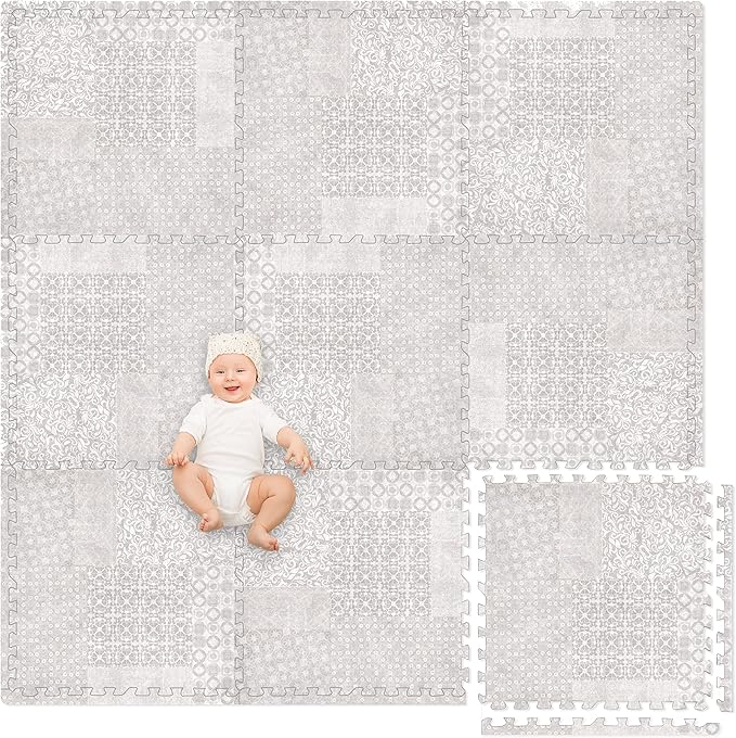 Play Platoon Non-Toxic Extra-Thick Childrens Foam Play Mats for Floor, 9 Tiles - 72 x 72 inch Comfortable Cushioned Foam Floor Puzzle Tiles for Kids & Toddlers with 24 x 24 inch Sets - Khaki