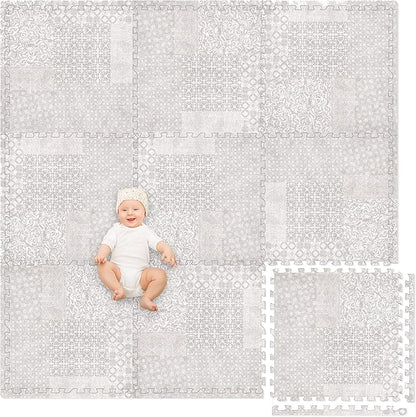 Play Platoon Non-Toxic Extra-Thick Childrens Foam Play Mats for Floor, 9 Tiles - 72 x 72 inch Comfortable Cushioned Foam Floor Puzzle Tiles for Kids & Toddlers with 24 x 24 inch Sets - Khaki