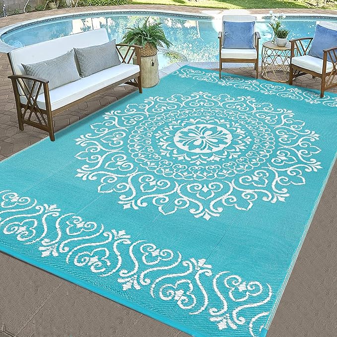 Pauwer Waterproof Outdoor Rug 5x8, Reversible Plastic Straw Patio Camping Rug, Indoor Outdoor RV Mat Carpet for Deck, Camper, Porch, Balcony, Backyard, Picnic, Floral Teal