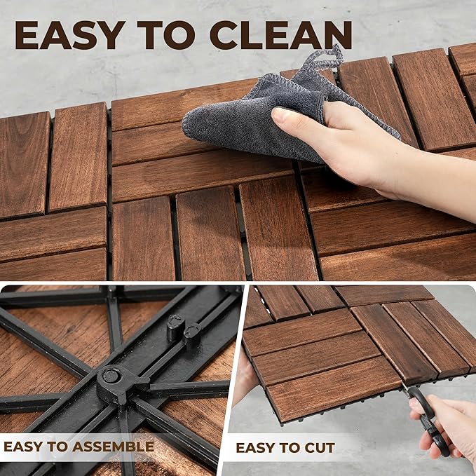 Pack of 10 Deck Tiles - 12"x12" Interlocking Natural Solid Acacia Wood for Outdoor & Indoor, Patio Garden, Balcony, Poolside - Dark Brown Color