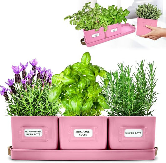 Herb Planter Indoor - Set of 3 Pink Indoor Herb Garden Pots for Plants with Leather Handled Tray - Window Sill Plant Shelf - Herb Pots with Drainage Holes and Labels