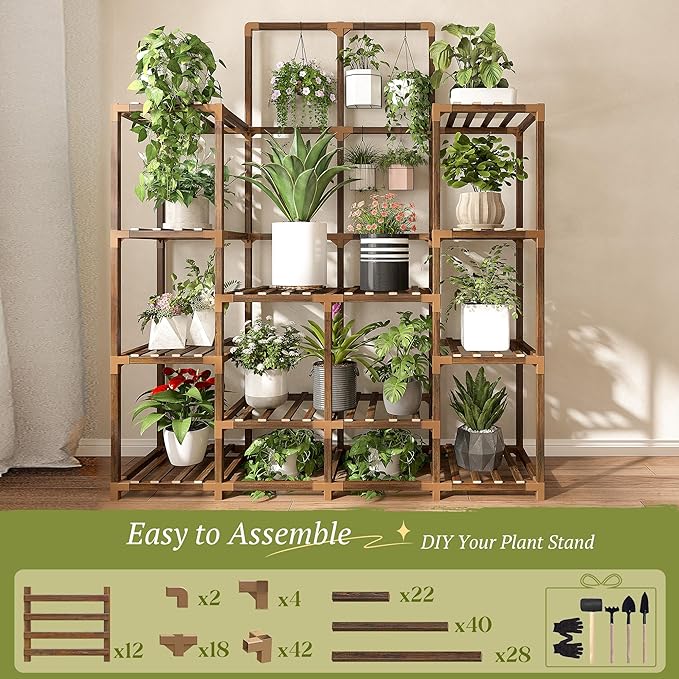 EnHomee Large Plant Stand Indoor Outdoor Wood Tiered Plant Shelf for Multiple Plants 6 Tiers with 12 Potted Plants Holder Tables 44.9" W x 11.8" D x 62.2" H