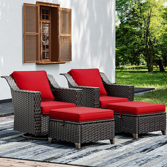 Joyside Wicker Patio Furniture Sets, 4 Pieces Upgraded Large Size Outdoor Furniture with Swivel Rocking Patio Chairs and Outdoor Ottoman, Thick Cushions, Wide Armrest