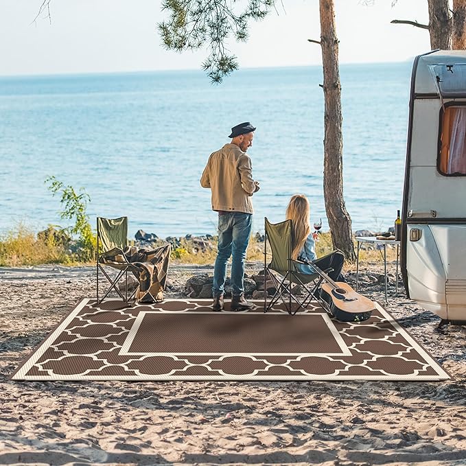 GENIMO 5' x 8' Outdoor Rug Waterproof for Patio Decor, Foldable Reversible Plastic Straw Area Rugs Mat for Camper, Outside Carpet for Rv, Deck, Porch, Picnic, Beach, Balcony, Coffee & Beige