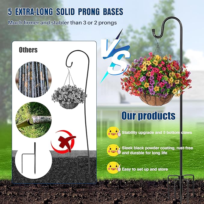 Ottsuls Shepherds Hooks with 5 Prongs Base for Outdoor - 92" Adjustable Bird Feeder Pole for Outside Hanging, Garden, Hummingbird Feeder, Plant Baskets, Solar Light Lanterns, Wedding Decor (1 Pack)