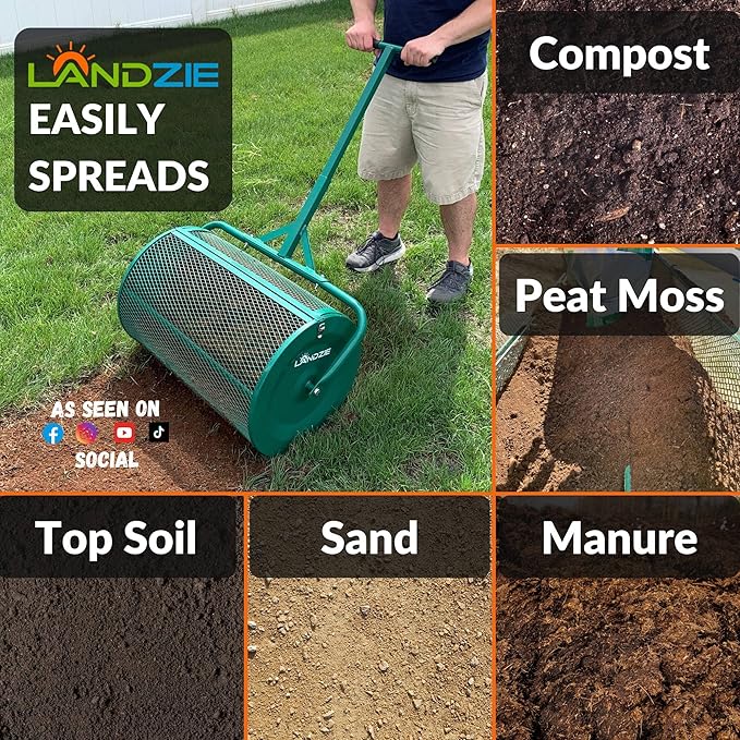 LANDZIE - The Original 24 Inch Compost and Peat Moss Spreader Roller - Top Soil, Sand, Manure, Mulch, Top Dressing Lawn and Garden Spreader