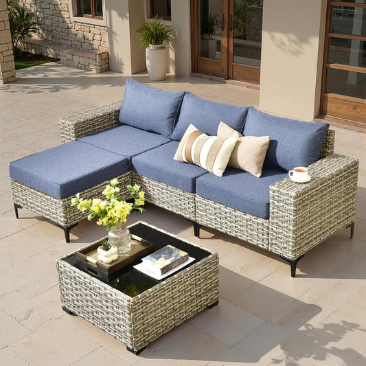 ovios 5 Pieces Patio Furniture Set Outdoor Sectional Sofa Couch with Deep Seat Chaise Comfy Cushions, Modern Modular Wicker Rattan Conversation Set Porch Deck Garden, Denim Blue