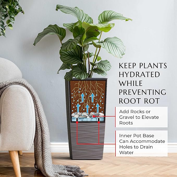 Mueller M-Resin Heavy Duty Tall Planter, Indoor/Outdoor Grande Plant, Tree, Flower Pot, 2-Piece Set, 27.5”, Modern Design, Built-in Drainage, Mocha