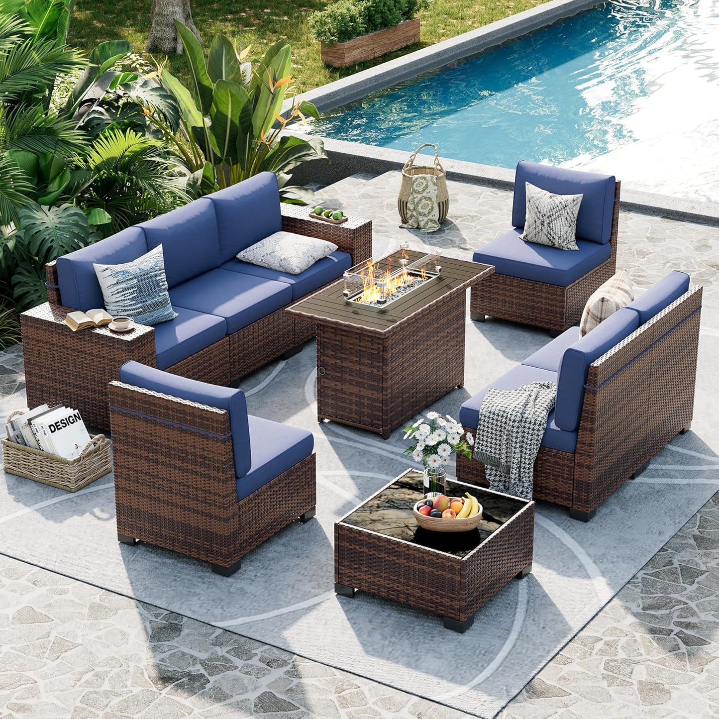 UDPATIO Patio Furniture Set with Fire Pit Table, 8 Inch Armrest Outdoor Sectional Sofa, 9 Piece Wicker Outdoor Furniture Conversation Sets with Waterproof Cover for Backyard Deck(Brown/Navy Blue)
