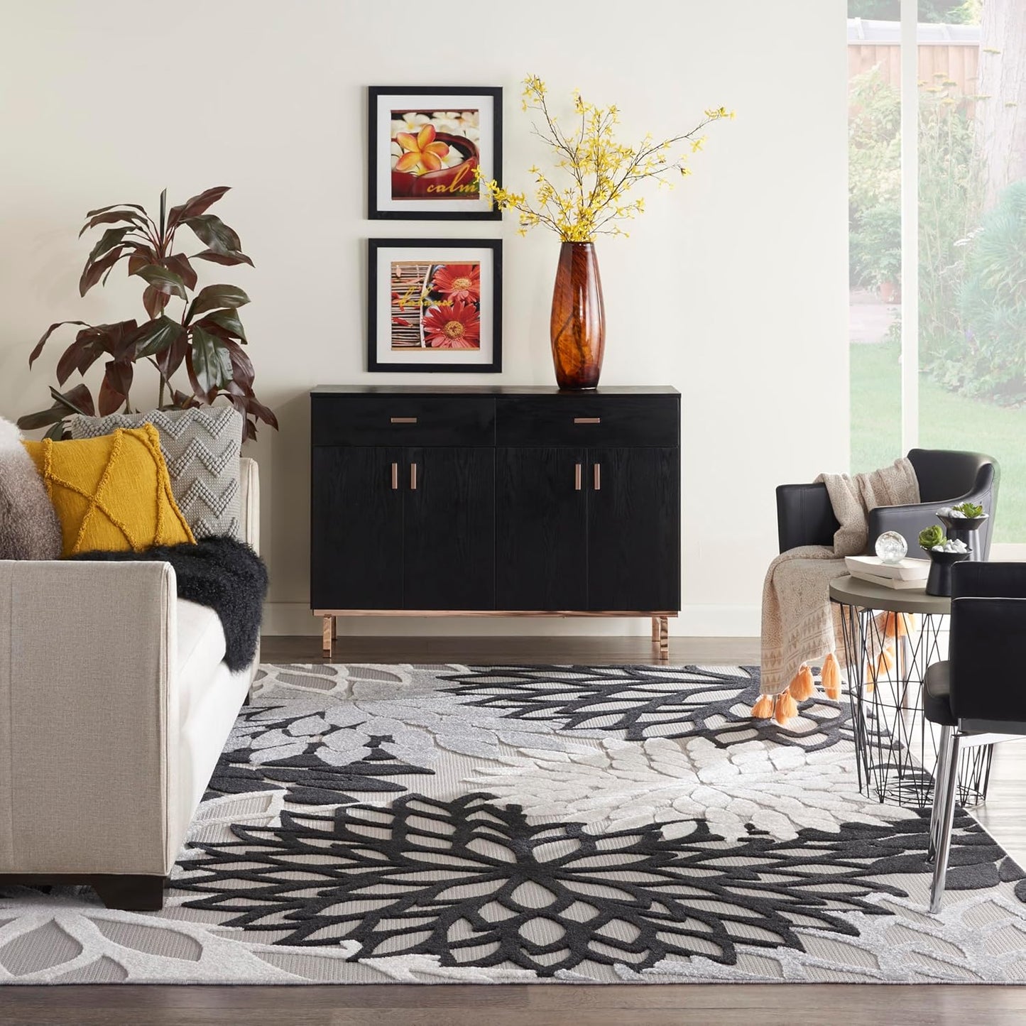 Nourison Aloha Indoor/Outdoor Black White 9' x 12' Area Rug, Tropical, Botanical, Easy Cleaning, Non Shedding, Bed Room, Living Room, Dining Room, Deck, Backyard, Patio (9x12)