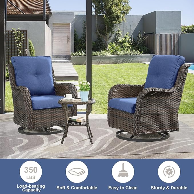 Outdoor Swivel Rcoker Patio Chair - 3 Pieces Wicker Swivel Glider Chairs with Side Table, Patio Furniture Set for Porch Deck Balcony Garden