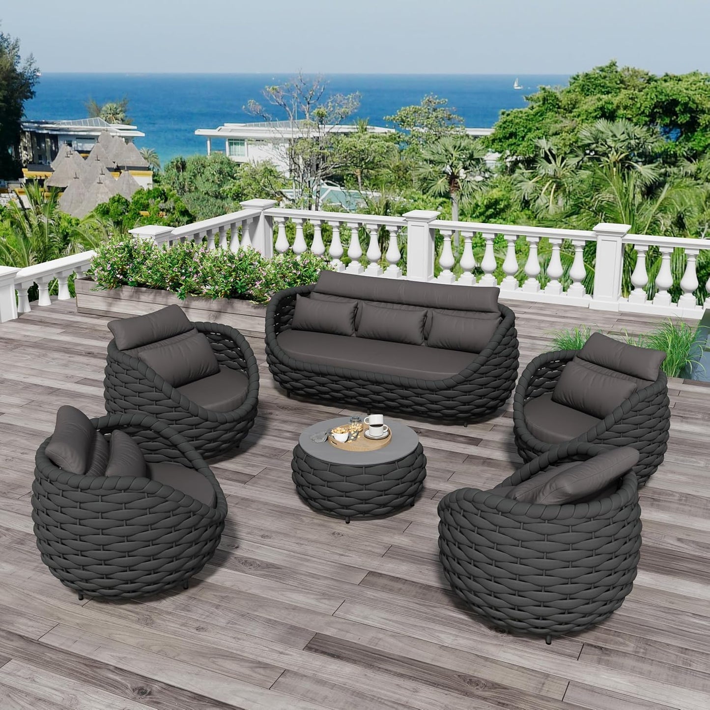 Aluminum Rope Patio Furniture Set: 6 Pieces Assembled Outdoor Conversation Sofa Set for 7 - Modern Metal Couch Set Cushioned - All Weather Porch Seating for Deck Garden Lanai Hotel, Dark Gray