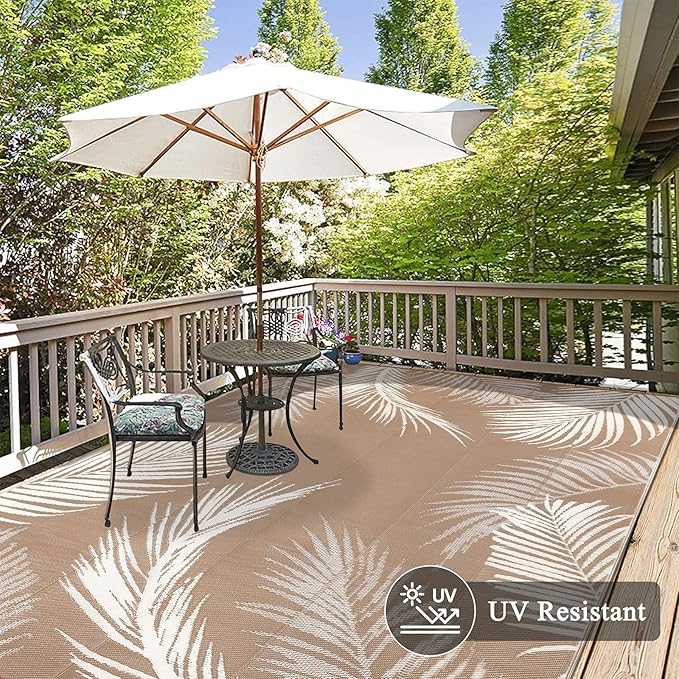 Pauwer Waterproof Outdoor Rug 9x12, Reversible Plastic Straw Patio Camping Rug, Indoor Outdoor RV Mat Carpet for Deck, Camper, Porch, Balcony, Backyard, Picnic, Leaf Brown