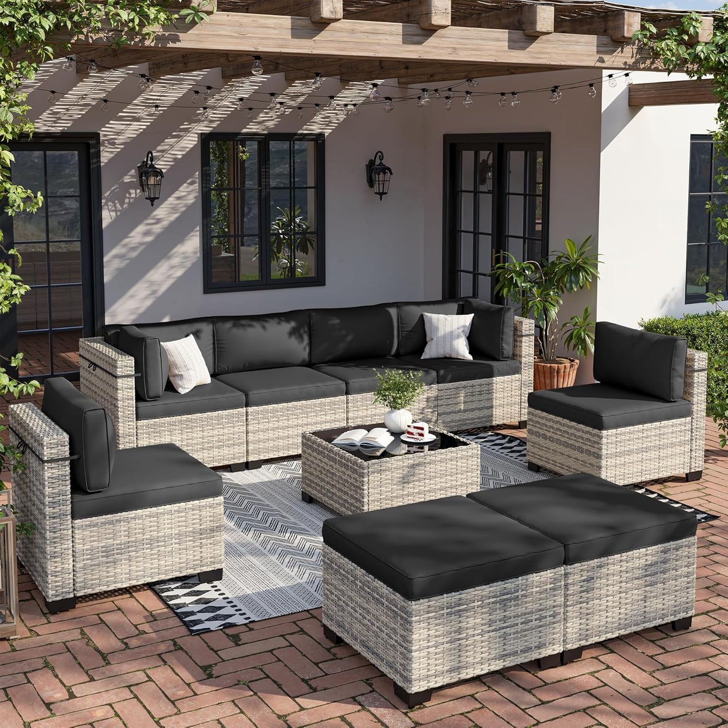 9-Piece Patio Furniture Set, Outdoor with Ottomans, Modular Patio Sofa, Dual-Strand Wicker Rattan, Rust-Resistant Frame, Backyard Furniture for Garden, Deck, Black