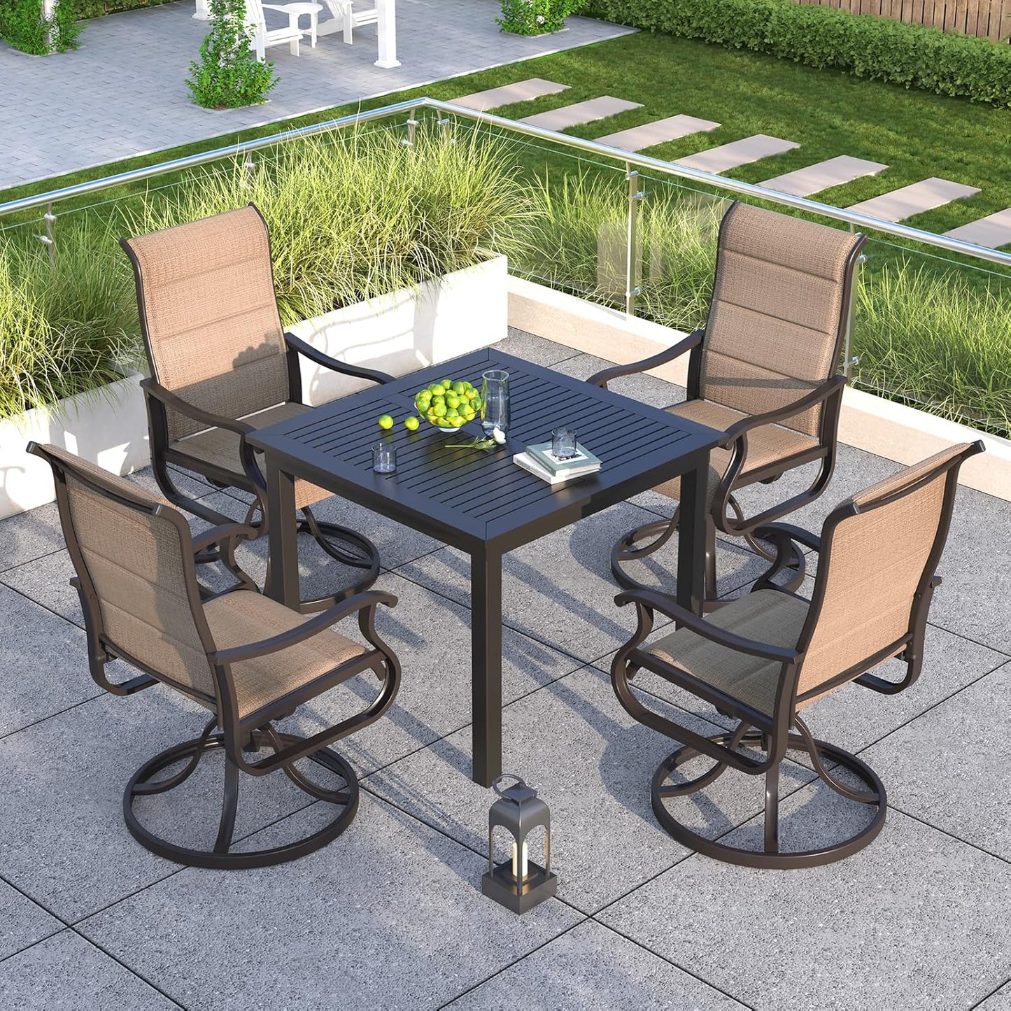 Amopatio Padded Patio Swivel Chairs Set of 4, Outdoor Dining Chairs with Ultra Soft Textilene High Back Seat & Metal Rocker Frame, for Backyard Deck Lawn Garden, Brown