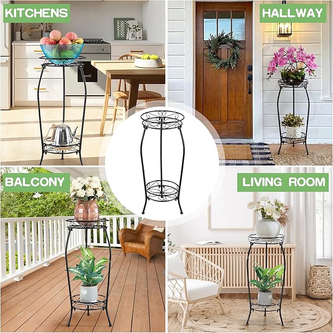 VECELO 2 Tier Metal Outdoor Plant Stand Indoor, Rustproof Stable 19.3” Iron Flower Stand, Decorative Multiple Heavy Duty Plant Holder, Black