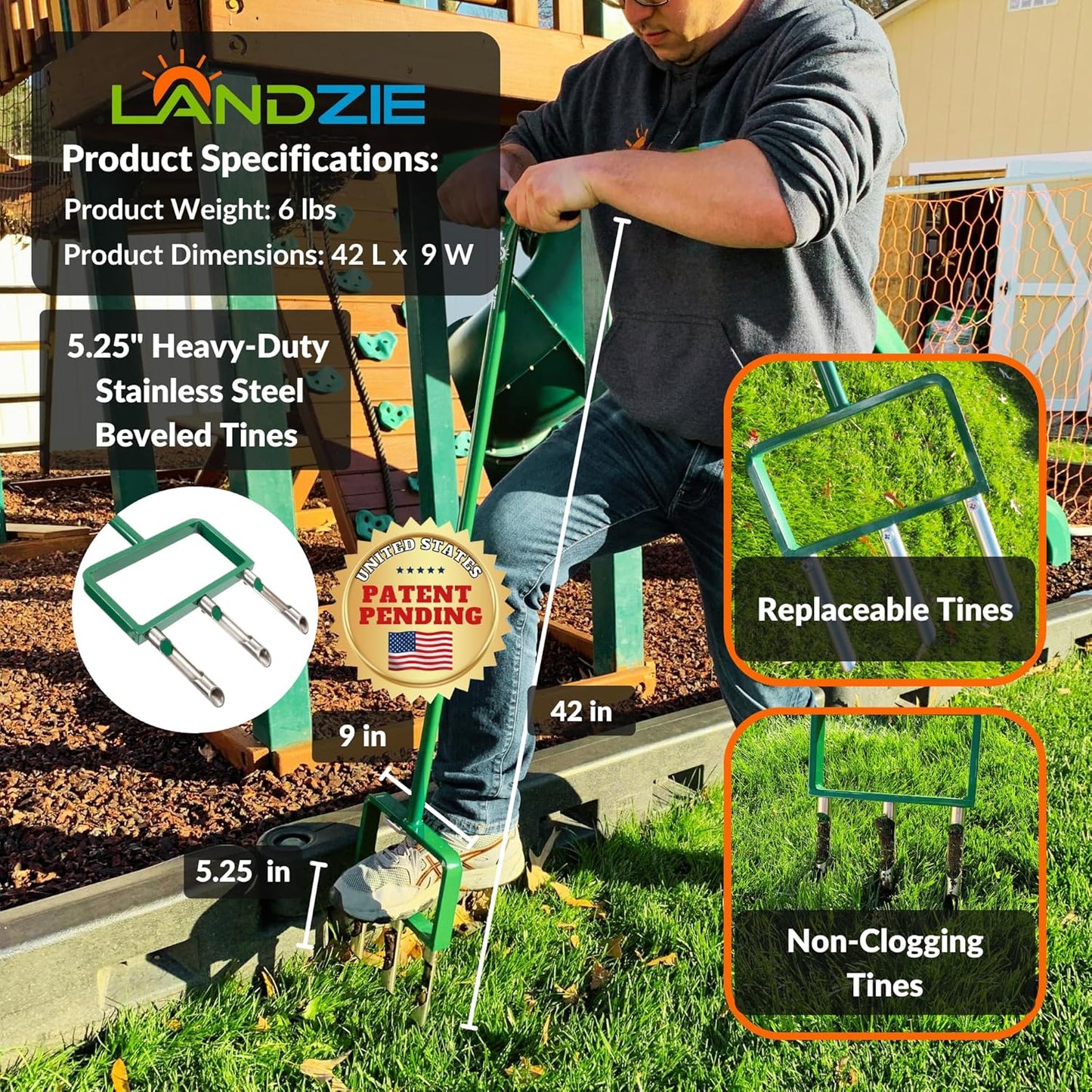 Landzie Hollow and Spike Tine Lawn Aerator Set - Includes 1 Aerator + Set of 3 Hollow Tines and 3 Spike Tines - 42 Inch Manual Stainless Steel Gardening Hand Tool - Grass Aerator Lawn Tool…