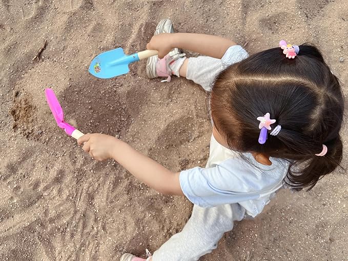 Kids Gardening Set Wooden Handle, 6 Piece (Pink+Blue), Kids Beach Shovel Set, Sandbox Play Toy and Garden Hand Tool