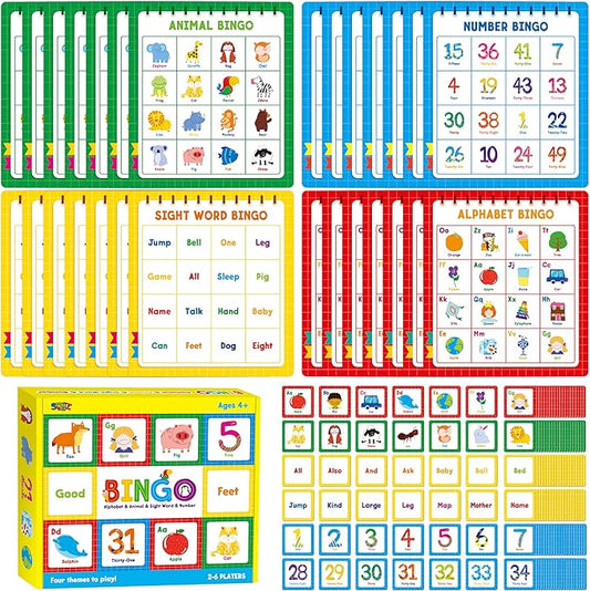 Family Bingo Game, Alphabet Animal Sight Word and Number Bingo Board Game, Counting and Matching Skills Classic Educational Game for Kindergarten and Preschool Kids, Perfect for Home and Classroom