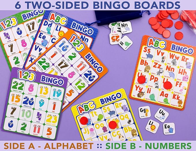 Party Hearty Alphabet and Number, ABC and 123 Bingo Board Game for Kindergarten and Preschool Kids Learn to Read Fun 2 Versions for Ages 4 and Up (Animal Edition)