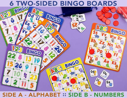 Party Hearty Alphabet and Number, ABC and 123 Bingo Board Game for Kindergarten and Preschool Kids Learn to Read Fun 2 Versions for Ages 4 and Up (Animal Edition)