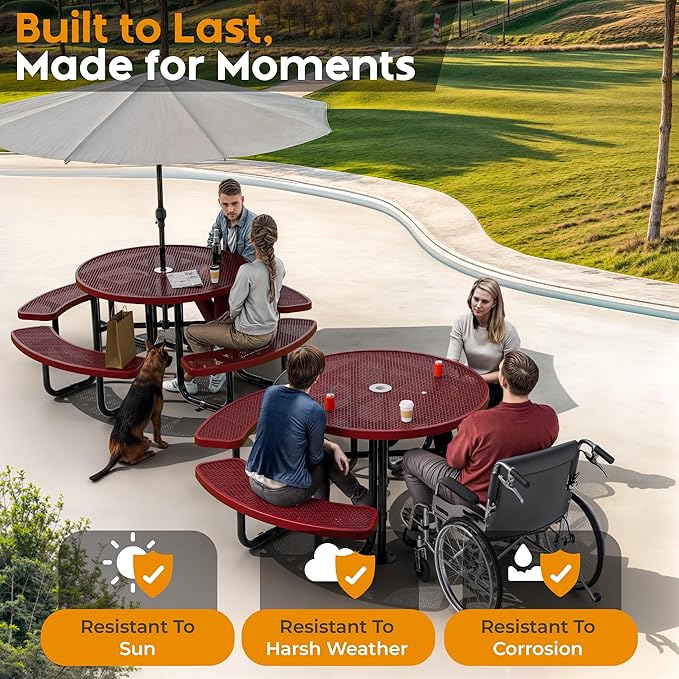 Metal Picnic Tables for Outdoors with Umbrella Hole - Coated Steel Heavy Duty Commercial Grade Table with Adjustable Seats (Red, 46 in, Round, Expanded Steel)