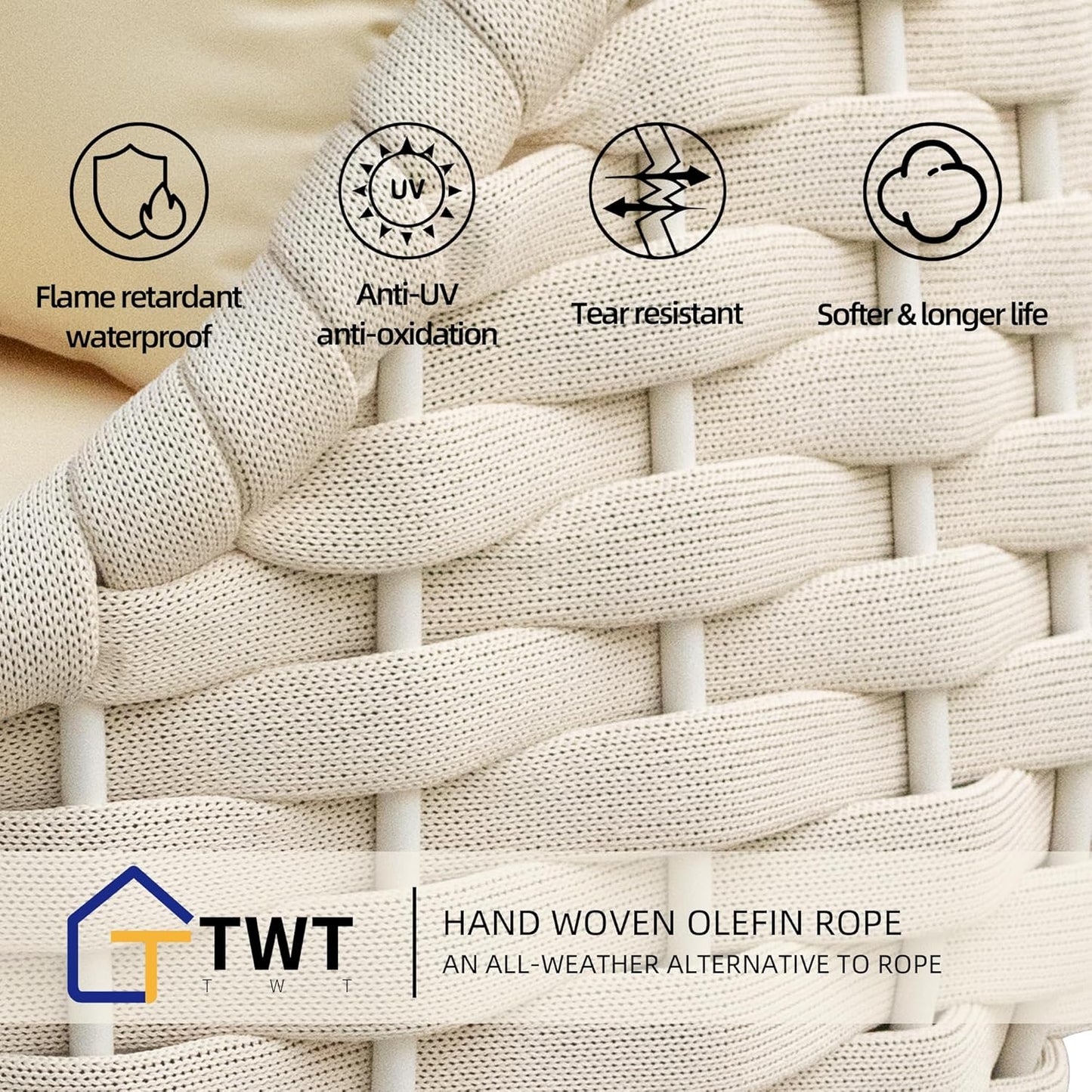 TWT 4 Pieces Patio Sofas, All-Weather Olefin Rope Balcony Furniture with Cushions & Pillows, Patio Couch Outdoor Patio Furniture Set for Indoor, Balcony, Backyard, Deck, Poolside, Cream