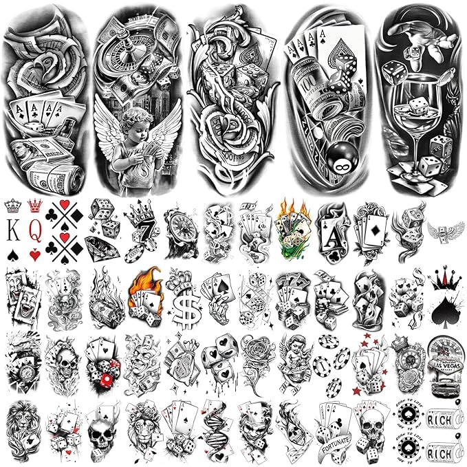 77 Sheets Casino Temporary Tattoo for Women Men, 17 Sheets Half Arm Large Poker Dice Lion Clown Fake Tattoos, 60 Sheets Angels Dollars Skull Tiny for Adult Kids Body Tattoos Stickers Realistic