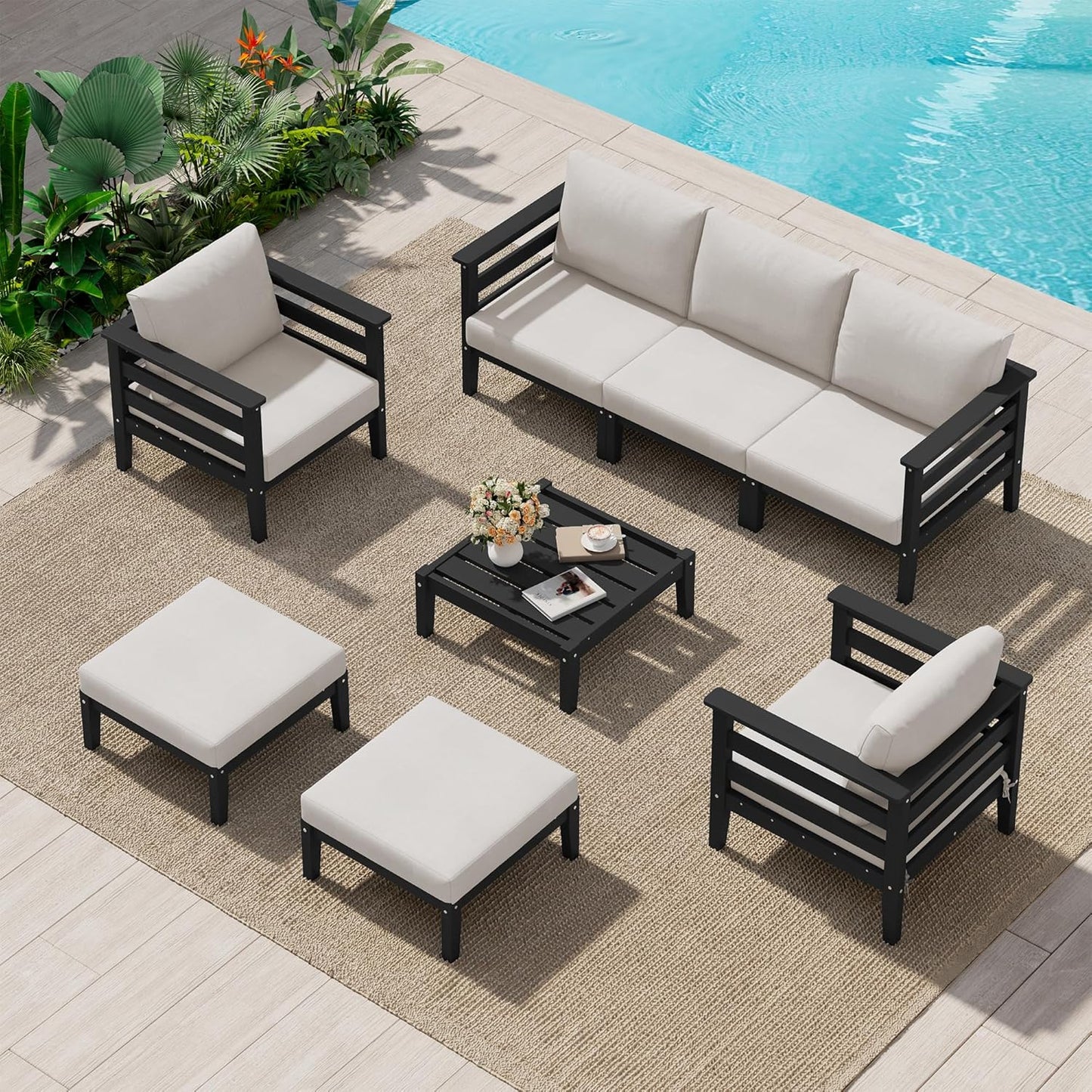 SERWALL HDPE Patio Furniture Set, 8 Pieces Composite Outdoor Furniture, All-Weather Wood-Like Outdoor Sofa Couch with Coffee Table for Deck, Lawn, Black Frame with Khaki Cushion