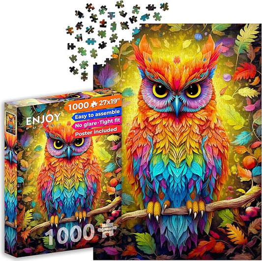 Rainbow Forest Owl in Autumn Leaves Tree – 1000 Pieces Jigsaw Puzzle for Adults – Matte Finish, Soft Touch, Easy to Assemble, Tight Fit, Vivid Colors, Missing Pieces Service