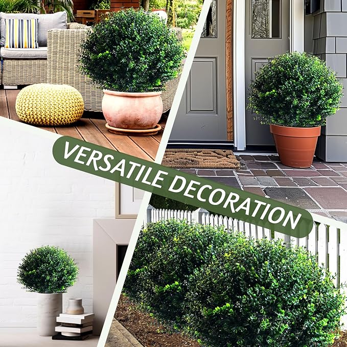Yunlly 6 Pcs 18 Inch Artificial Boxwood Ball Topiary Tree Fake Outdoor Plants Bush, UV Resistance Faux Shrubs with Spike Realistic Greenery Potted for Indoor Garden Yard Porch Patio Decor (Dark Green)