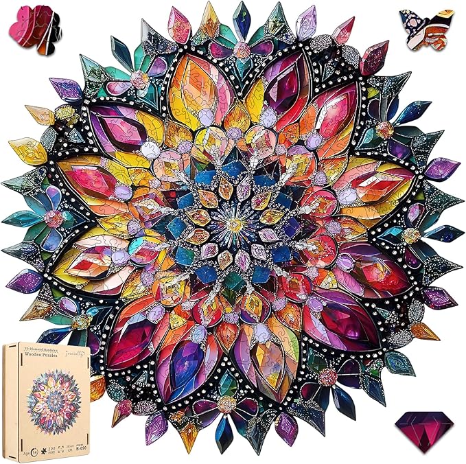 Jiroinlly Puzzles for Adults Diamond Mandala Wooden Puzzles, 200 Pieces Unique Shaped Liberty Jigsaw Puzzles, Creative Toys for Adults and Kids, Fun Challenge Family Game 11.1'' x 11.2''