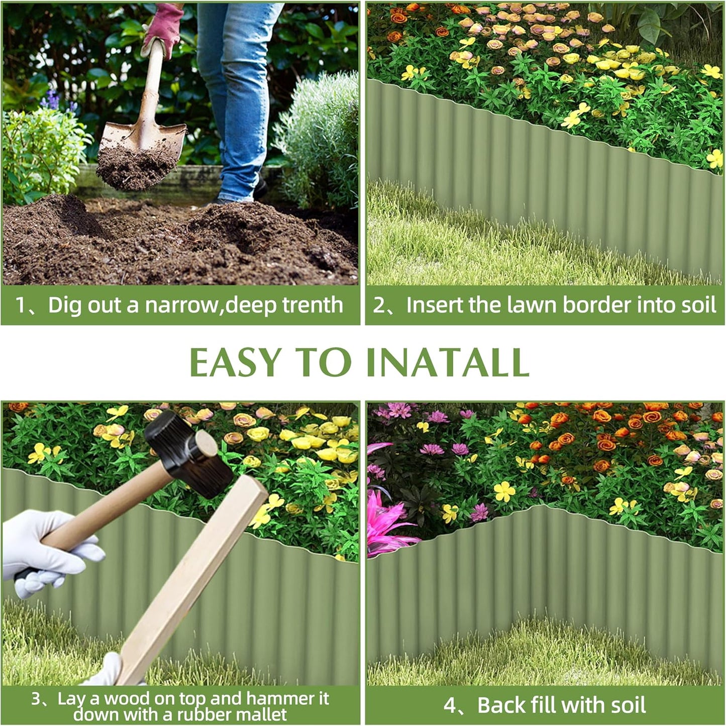 Metal Garden Edging Border, Corrugated Steel Landscaping, DIY for Lawn (Green, 10 Inch x 10FT)