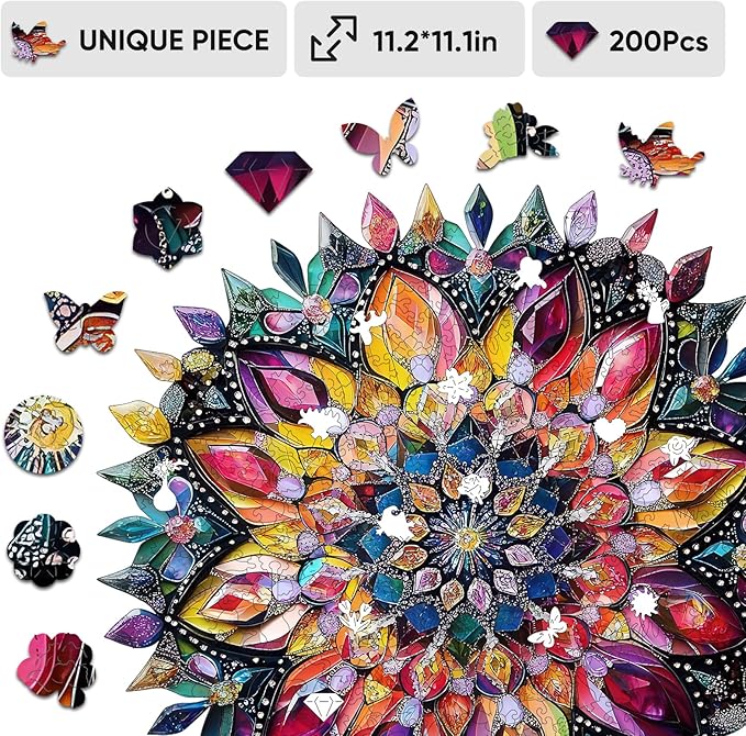 Jiroinlly Puzzles for Adults Diamond Mandala Wooden Puzzles, 200 Pieces Unique Shaped Liberty Jigsaw Puzzles, Creative Toys for Adults and Kids, Fun Challenge Family Game 11.1'' x 11.2''