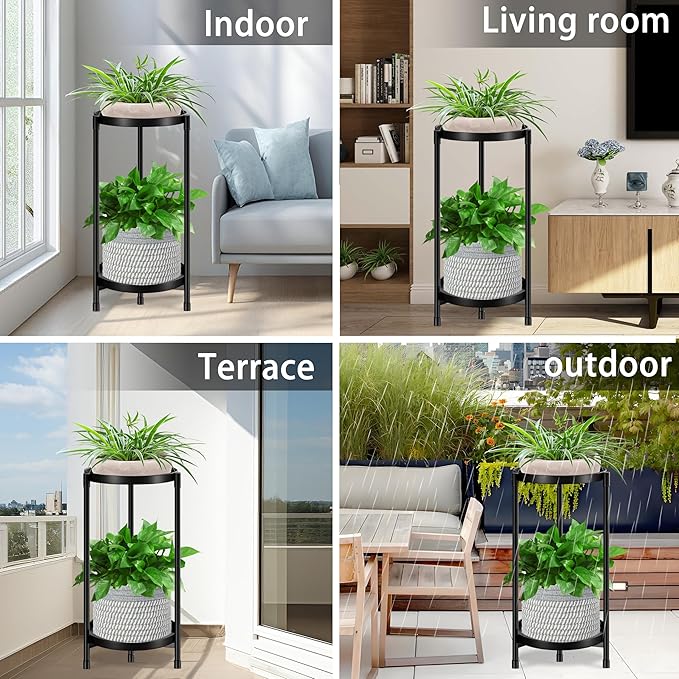 2 Tier Plant Stand Indoor Tall,Metal Flower Pot Holder Stands for Outdoor,Round Heavy Duty Corner Plant Shelf Black for Patio Garden Balcony Living Room Bedroom