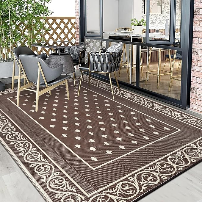 Pauwer Waterproof Outdoor Rug 8x10, Reversible Plastic Straw Patio Camping Rug, Indoor Outdoor RV Mat Carpet for Deck, Camper, Porch, Balcony, Backyard, Picnic, Bordered Brown